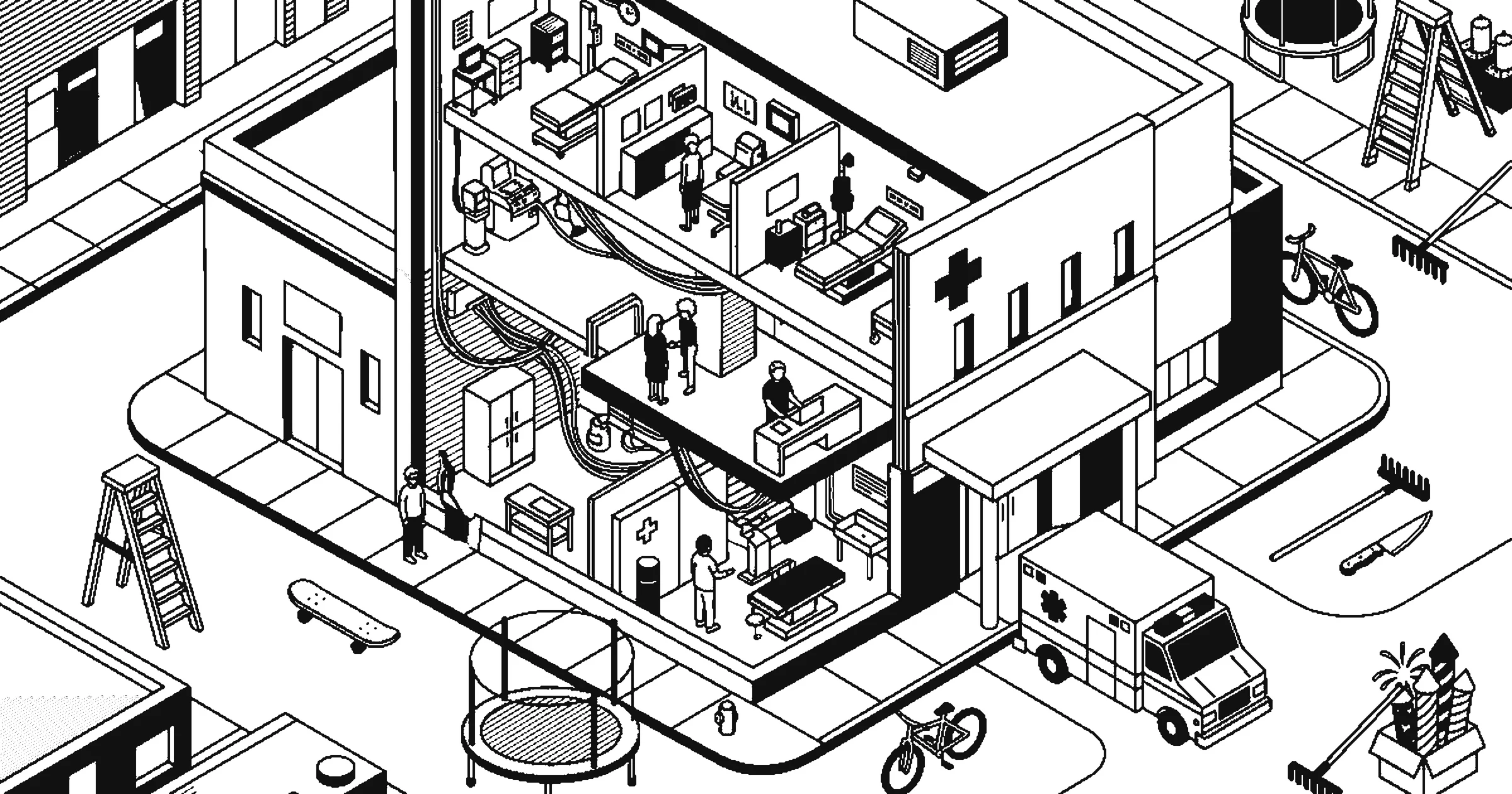 Isometric line illustration of a cutaway emergency room surrounded by ladders, bicycles, a trampoline, a skateboard and fireworks