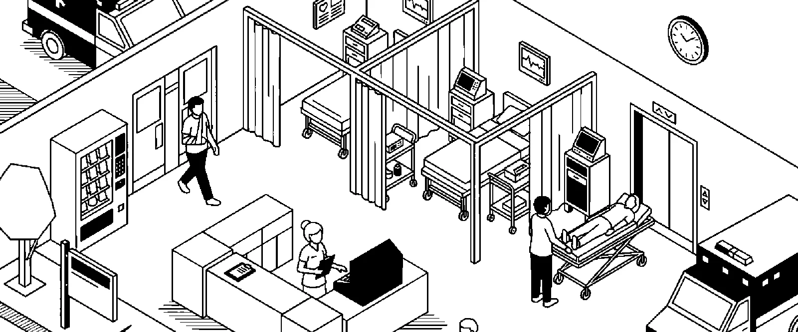 Line illustration of an emergency department: a patient with a bandaged arm walking out past the triage desk, curtained bays with beds and monitors, another patient wheeled toward the lift, and an ambulance outside