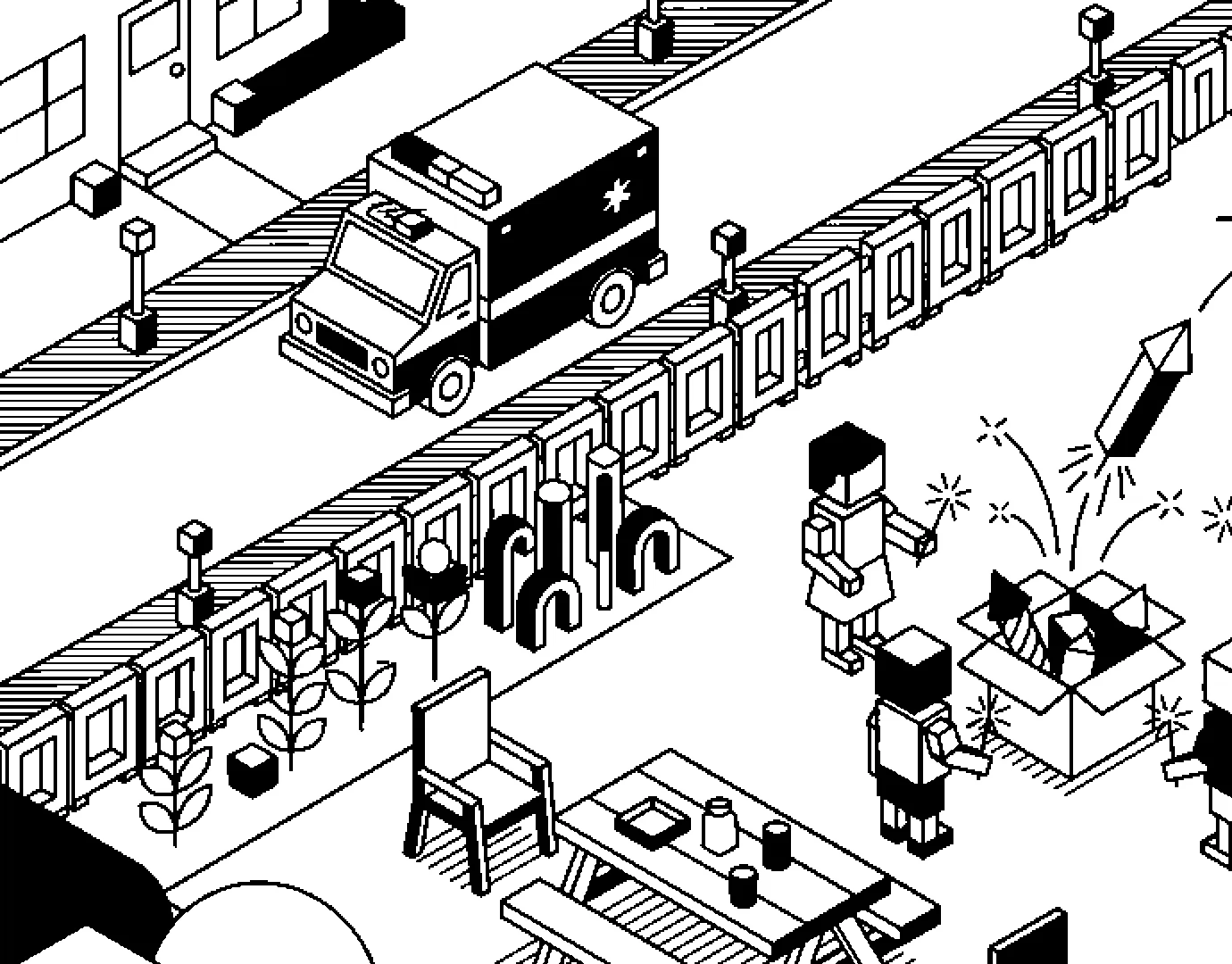 Line illustration of an ambulance turning into a suburban street on the Fourth of July