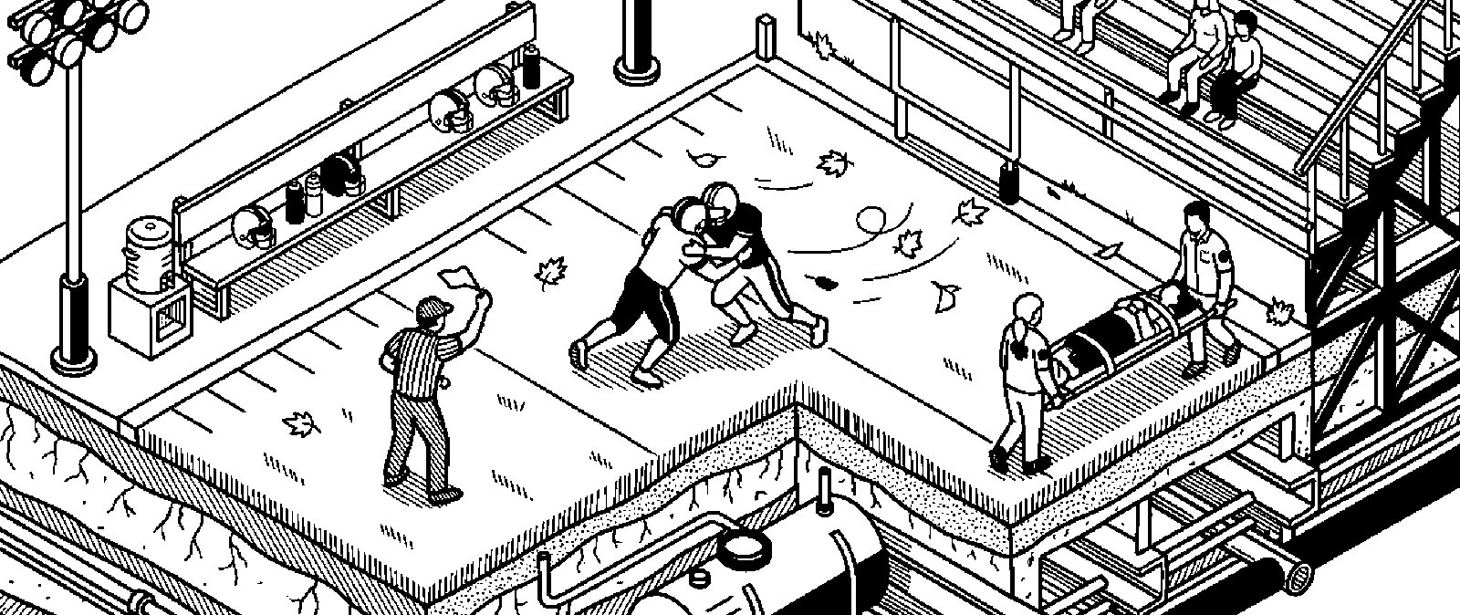 Line illustration of an autumn football field: two players colliding in a tackle, a referee throwing a flag, leaves blowing, and paramedics carrying a stretcher past the bleachers
