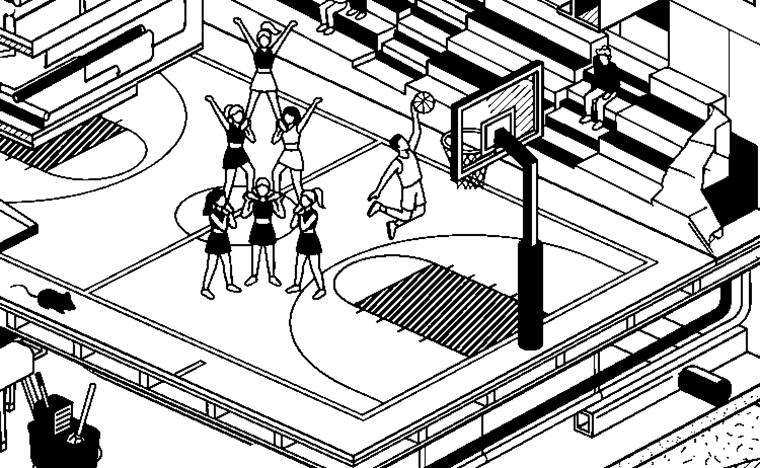 Line illustration of a school gym: a cheerleading squad building a pyramid, a basketball player dunking, and a mouse running along the baseline