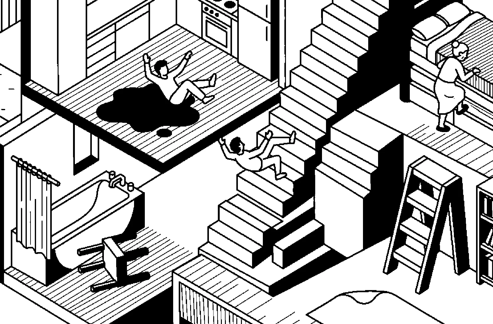 Line illustration of a house cut open: someone slipping on a wet kitchen floor, someone tumbling down the stairs, an older woman climbing out of bed, a bathtub and a tipped chair