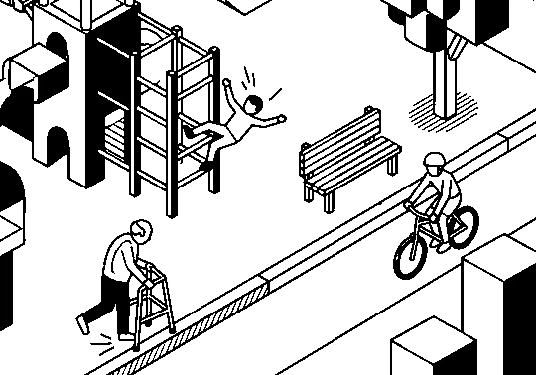 Line illustration of a child falling from a climbing frame, a park bench, an older man stumbling with a walking frame and a cyclist