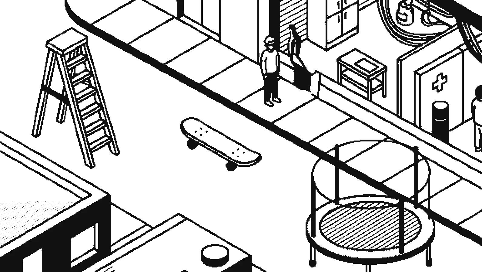 Line illustration of a street with a stepladder, skateboard and trampoline